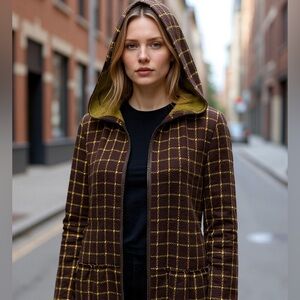 ODDY Brown and Yellow Plaid Hooded Trench Coat